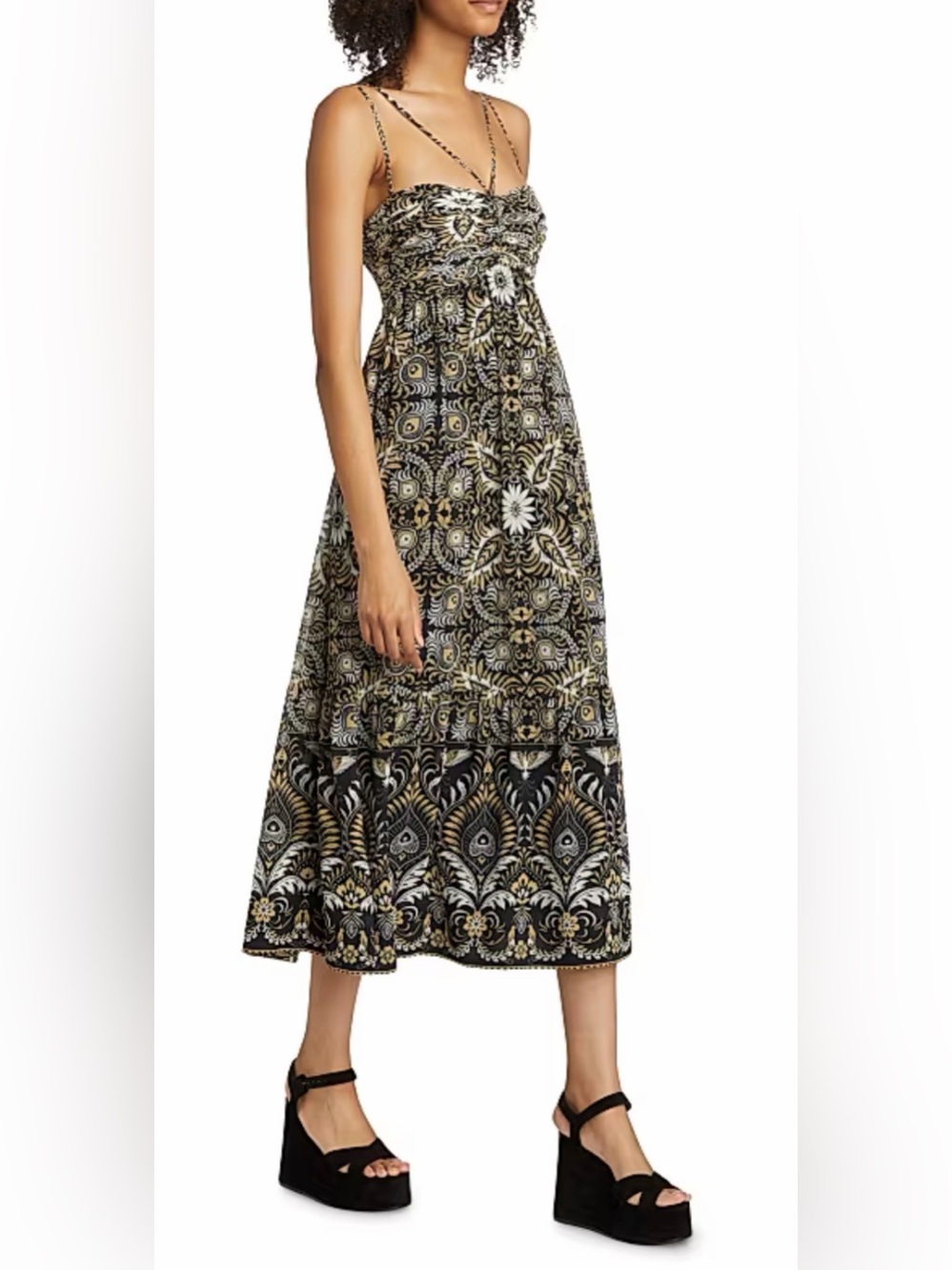 Kobi Halperin Arya Dress L Midi Black Gold Halter Gathered Bodice Print NWT $498